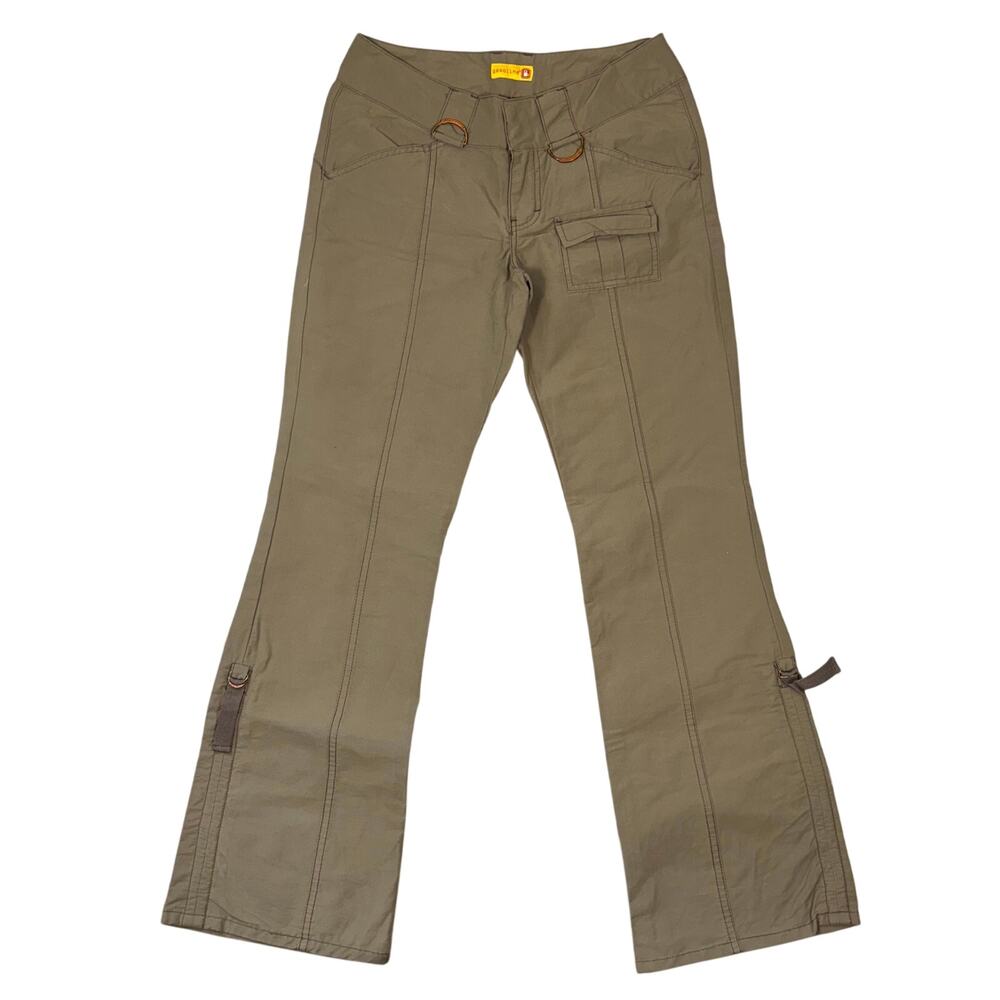 Y2K Gasoline Low-Rise Cargo Pants Flare Leg Wide Bell Bottoms Size11 Green Brown